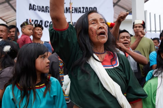 Moradores nativos, mulheres, crianças e homens diante de uma faixa, fazendo uma manifestação
