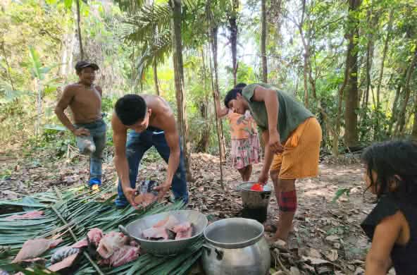 Cinco pessoas estão no meio da floresta preparando alimentos em folhas e panelas colocadas no solo