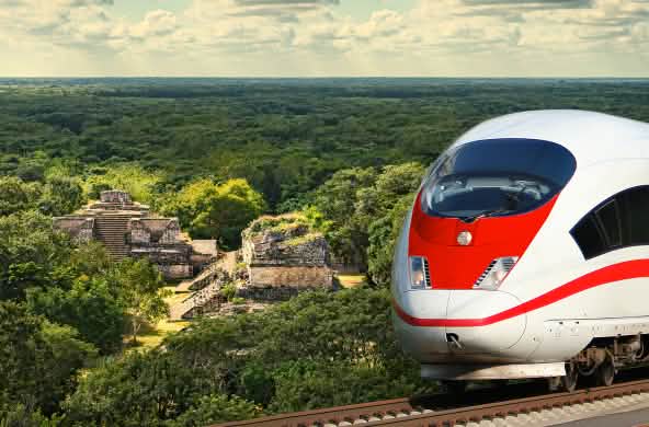 Montagem de trem DAV e ruínas maias de Ek Balan em Yucatán