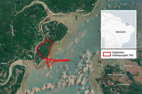Mapa com a localização dos limites do projeto portuário TPA