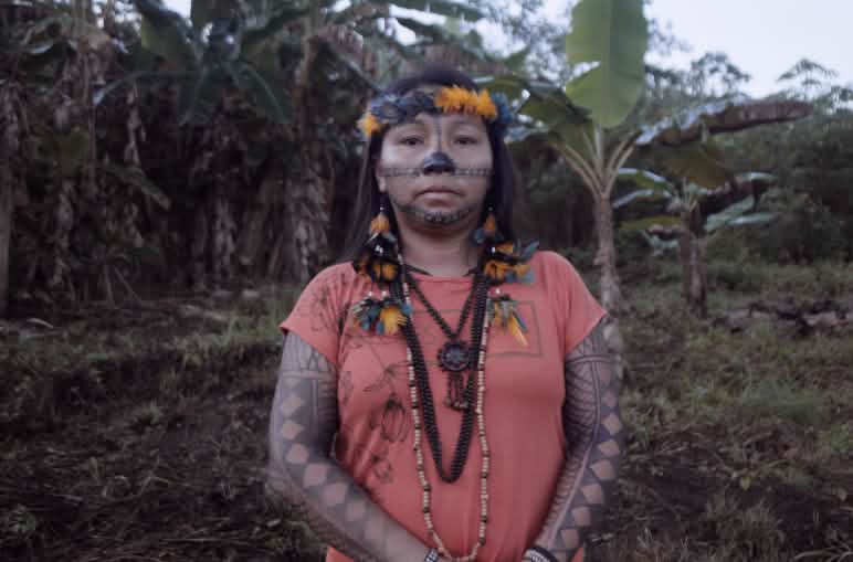 Mulher indígena com pinturas corporais e adereços na cabeça olha diretamente para a câmera