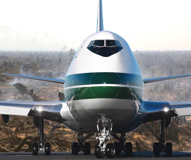 Um avião em cima de floresta tropical queimada