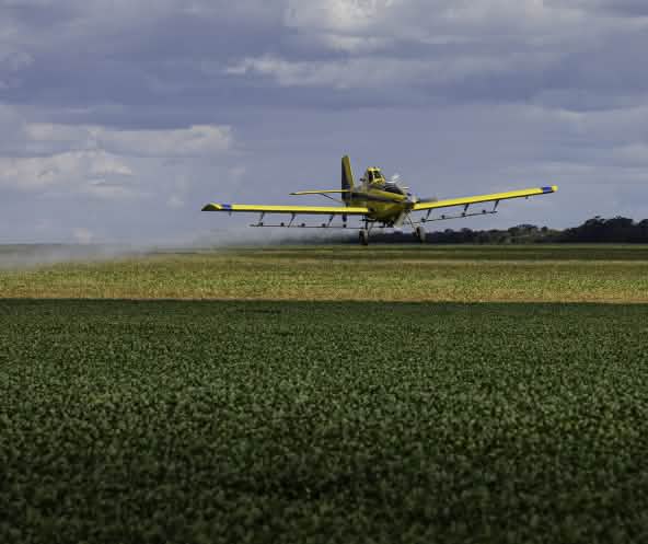 Pulverização aérea de agrotóxicos sobre campos de soja