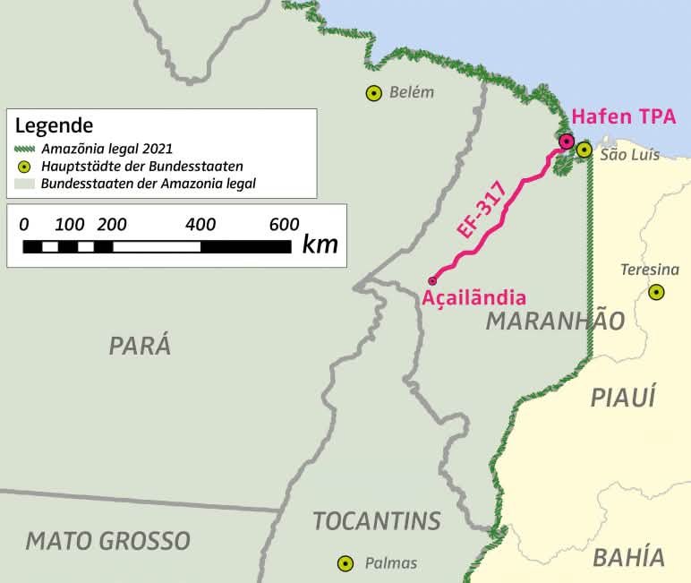 Mapa da parte nordeste da Amazônia legal brasileira (Amazônia legal 2021) com a localização do porto da TPA e da linha ferroviária EF-317 (Fonte: IBGE, GPM). Mapa da parte nordeste da Amazônia legal brasileira (Amazônia legal 2021) com a localização do porto da TPA e da linha ferroviária EF-317