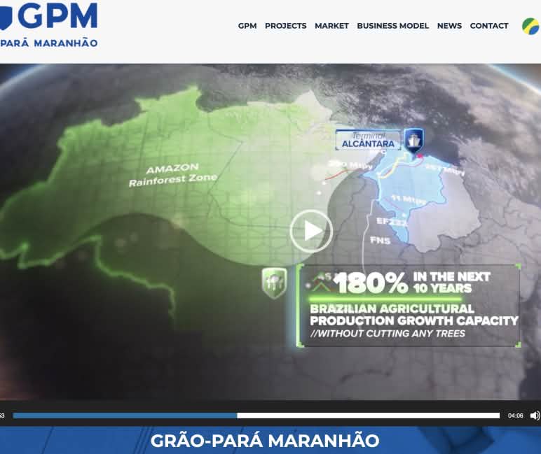 Screenshot do vídeo de apresentação do projeto da Grão-Pará Maranhão no site da estatal alemã DB, Minuto 1:53; Fonte: https://db-eco.com/de/brasiliens-multimodale-logistiklosung-fur-nachhaltige-versorgungsketten/ Screenshot de um vídeo de apresentação da operadora do projeto
