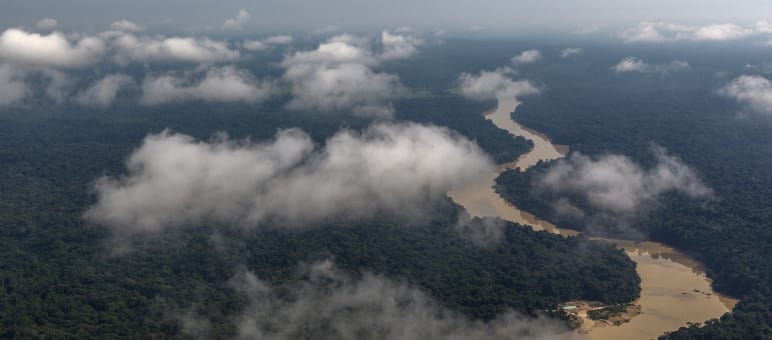 Floresta amazônica no Pará Fotografia aérea com nuvens e rio sinuoso passando pela floresta tropical