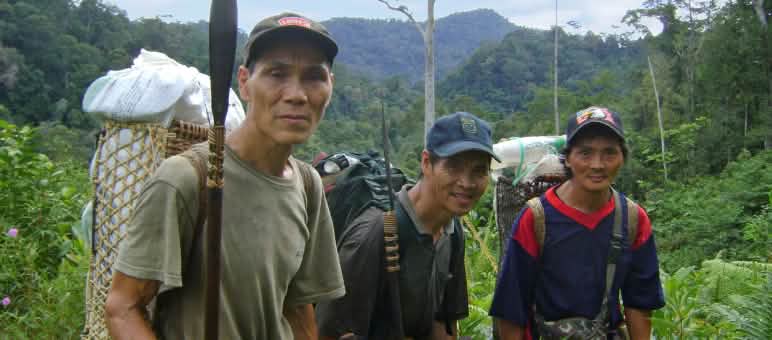 Uma vitória para a natureza: os indígenas de Sarawak venceram a luta contra a barragem de Baram Três homens indígenas com cestas nas costas na floresta tropical malaia
