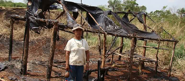 Damiana, uma Guarani-Kaiowá e líder religioso do Apyka'y, diante de uma cabana queimada depois da evicção forçada Um Guarani-Kaiowá à frente da sua casa