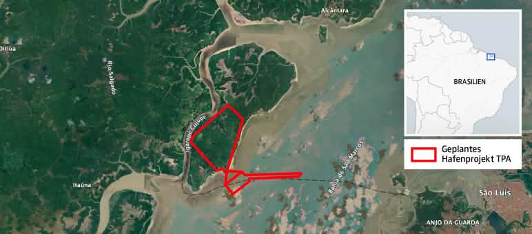 Mapa com a localização dos limites do projeto portuário TPA