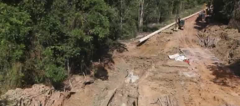 Foto área das obras de construção do mineroduto para transporte de bauxita na floresta equatorial, com escavadeiras contendo terra revirada e pedaços dos tubos