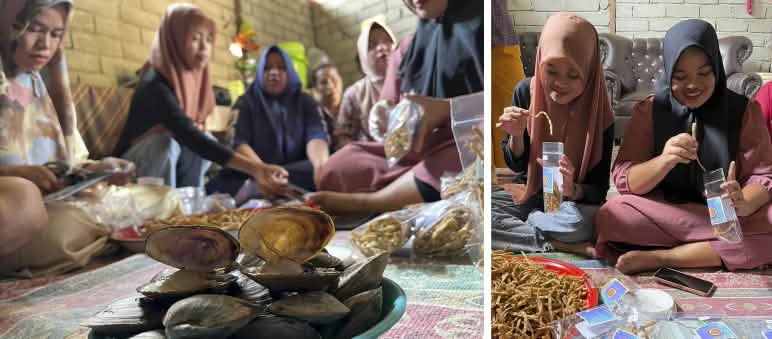 Colagem As mulheres de Tompira transformam conchas em petiscos e os empacotam para vendê-los no mercado local