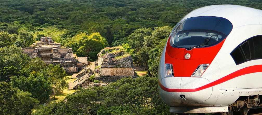 Montagem de trem DAV e ruínas maias de Ek Balan em Yucatán
