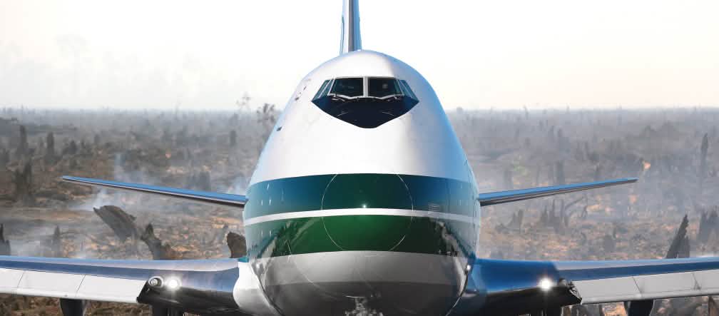 Avião em cima de floresta tropical destruída (foto-montagem) Um avião em cima de floresta tropical queimada