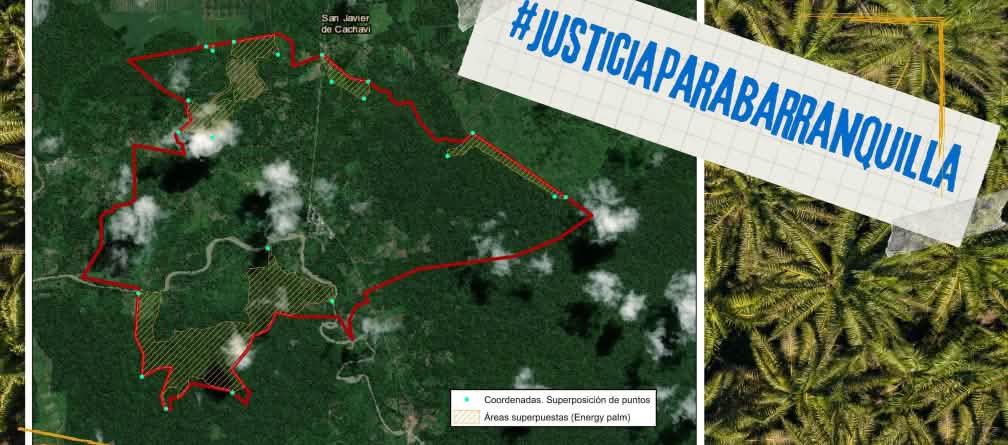 A intersecção das áreas do território está marcada em uma foto de satélite. Em cima delas, está escrito "Justiça para Barranquilla"