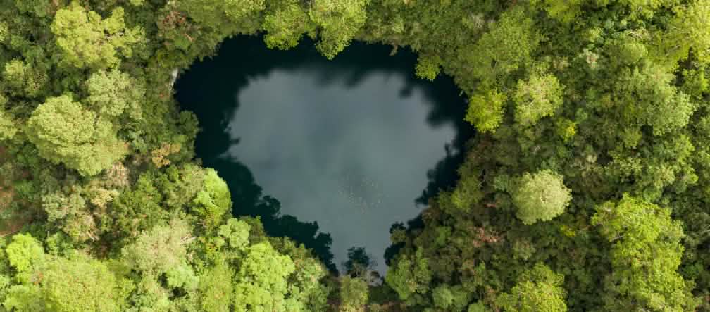 Foto aérea de um pequeno lago em forma de coração, cercado por densa floresta
