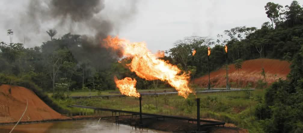Gas flaring, tubulações e “lago” de petróleo na floresta tropical