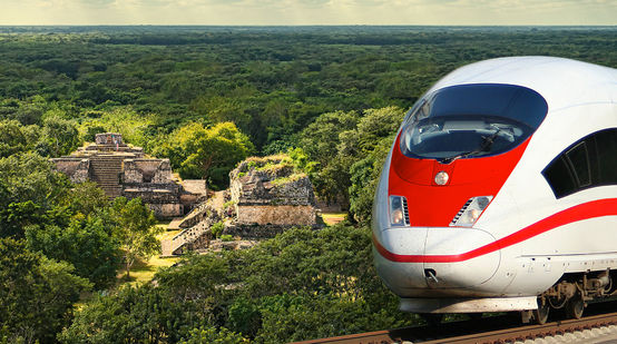 Montagem de trem DAV e ruínas maias de Ek Balan em Yucatán