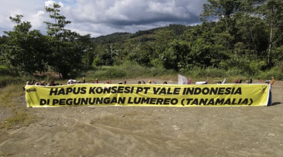 Faixa "Tirem da PT Vale Indonésia a concessão de exploração nos Montes Lumereo (Tanamalia)!"