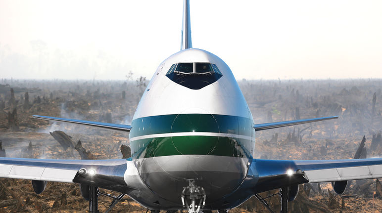 Um avião em cima de floresta tropical queimada