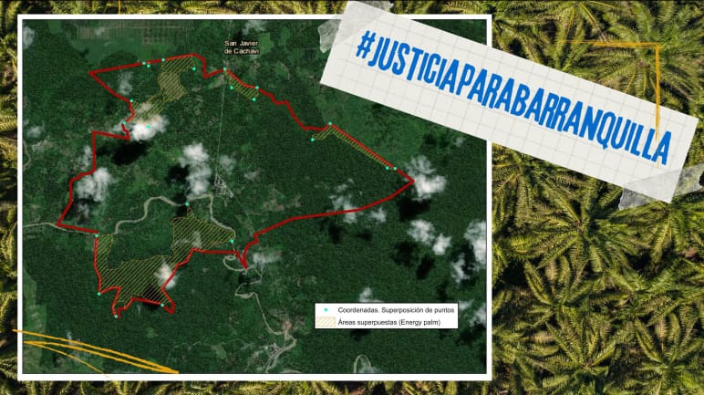A intersecção das áreas do território está marcada em uma foto de satélite. Em cima delas, está escrito "Justiça para Barranquilla"