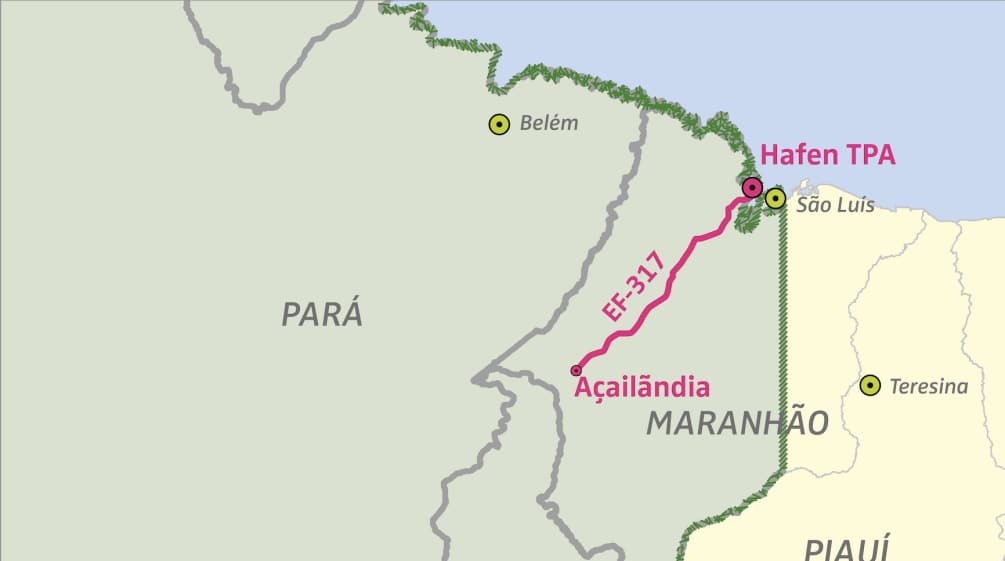 Mapa da parte nordeste da Amazônia legal brasileira (Amazônia legal 2021) com a localização do porto da TPA e da linha ferroviária EF-317