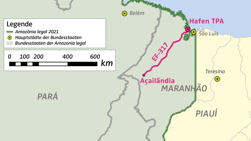 Mapa da parte nordeste da Amazônia legal brasileira (Amazônia legal 2021) com a localização do porto da TPA e da linha ferroviária EF-317