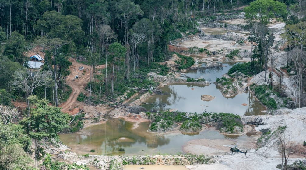 Vista aérea de mineração ilegal do ouro na Amazônia brasileira