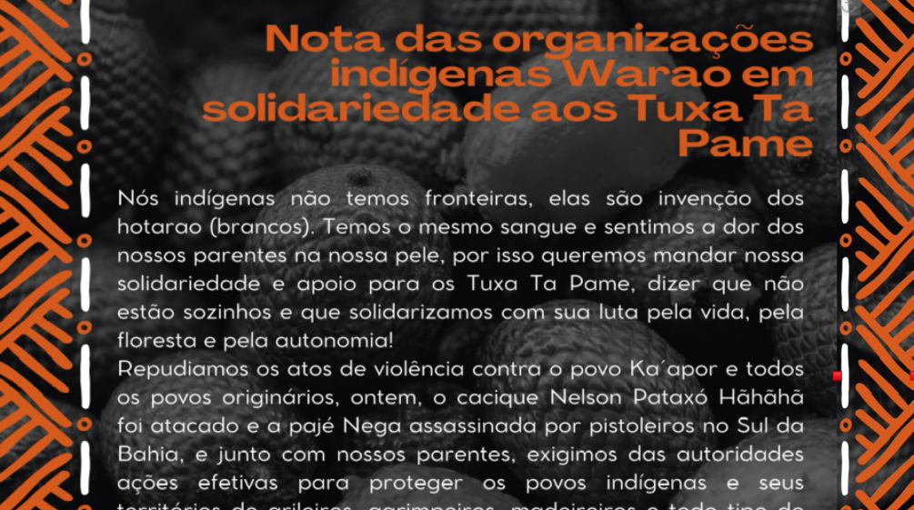 Nota das organizações indígenas Warao em solidariedade aos Tuxa Ta Pame