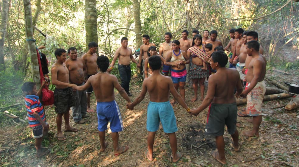 Indígenas Ka'apor - crianças, mulheres e homens - dão-se as mãos e fazem uma roda na floresta tropical