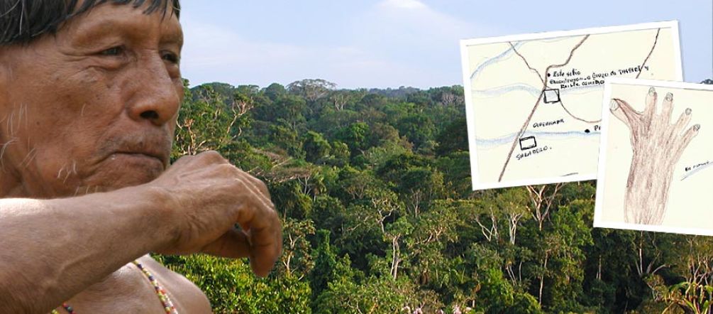 Os últimos índios voluntariamente isolados na floresta tropical estão em perigo Índios em frente da floresta tropical de Yasuni e mapas
