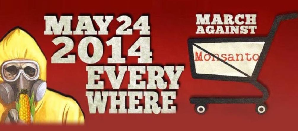 Cartaz da Marcha Mundial contra a Monsanto, com um homem com máscara antiga