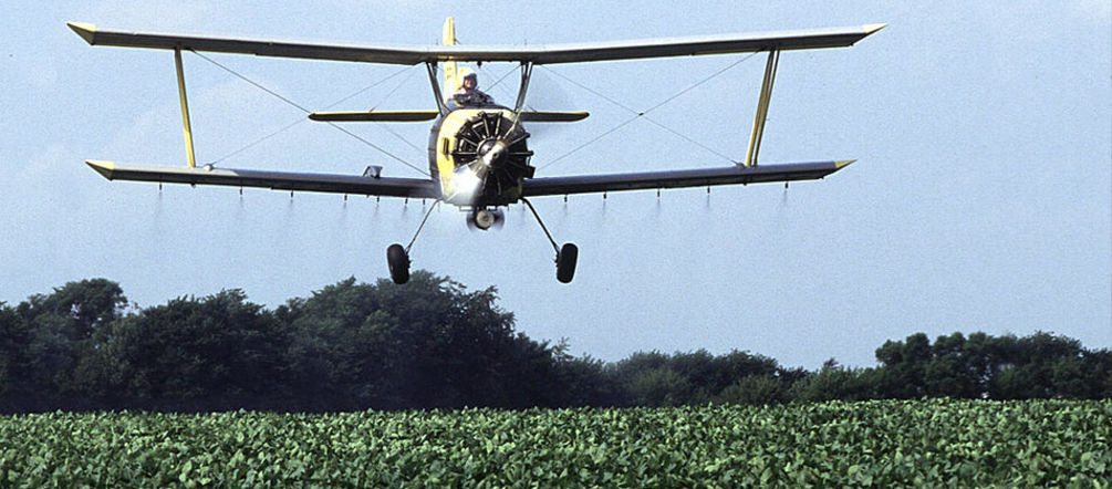 Nas monoculturas de soja usam-se grandes quantidades de pesticidas Um avião pulveriza pesticidas num campo de soja