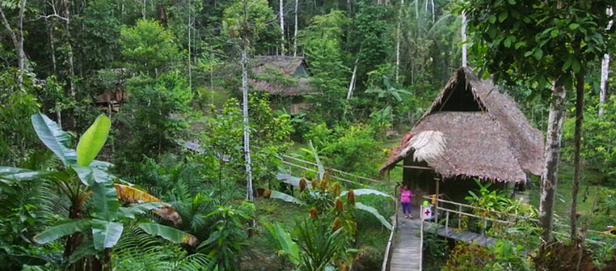 Na floresta tropical do Peru vê-se um acampamento de várias casas