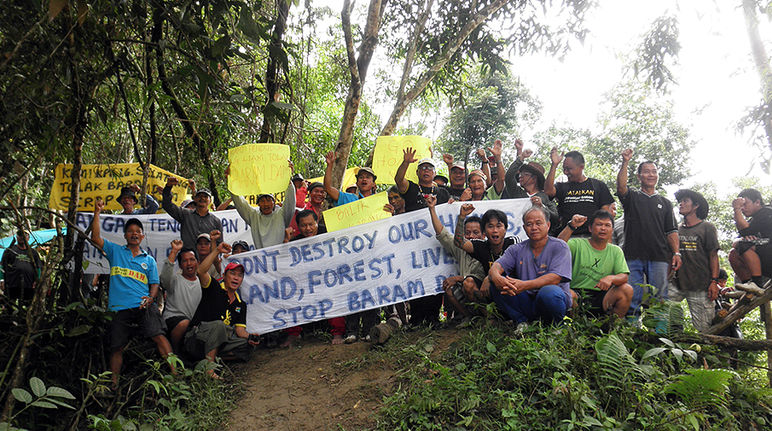 Os habitantes da floresta tropical opõem-se às barragens Fonte: SAVE Rivers Indígenas protestam contra a barragem de Baram com estandartes na floresta tropical de Sarawak